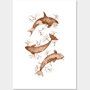 Dancing Orcas | Brown and White Color Palette Posters and Art